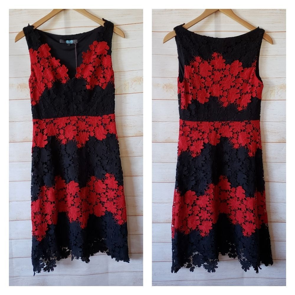 Eva Franco Obelyo Lace Sleeveless A-Line Dress Black Red Women's Size 6